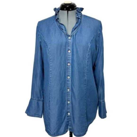 Soft Surroundings Ruffle Collar Chambray Blouse Size XL Button Down Top - Picture 1 of 6